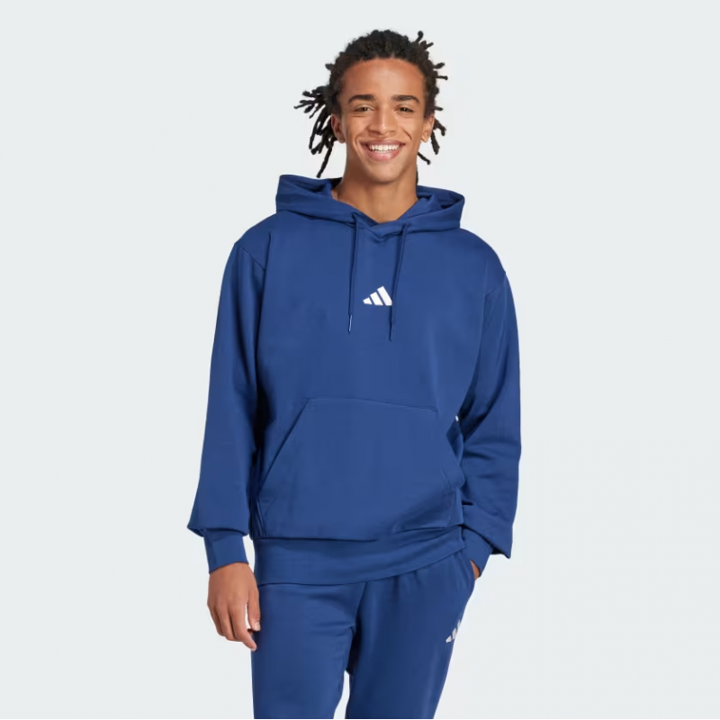 Sweat à capuche Adidas Feelcozy JE3810 – Polaire douce bleu foncé / blanc | Confort & style écoresponsable