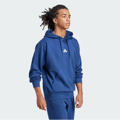 Sweat à capuche Adidas Feelcozy JE3810 – Polaire douce bleu foncé / blanc | Confort & style écoresponsable
