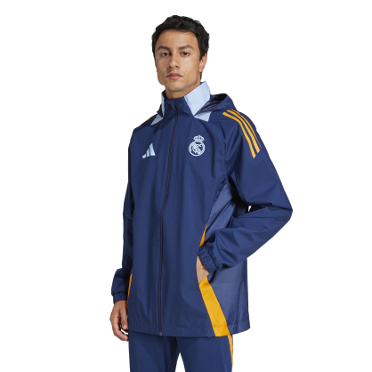Adidas Real Madrid All-Weather Jacket – Waterproof, Adjustable Hood, Club Logo | JE4204
