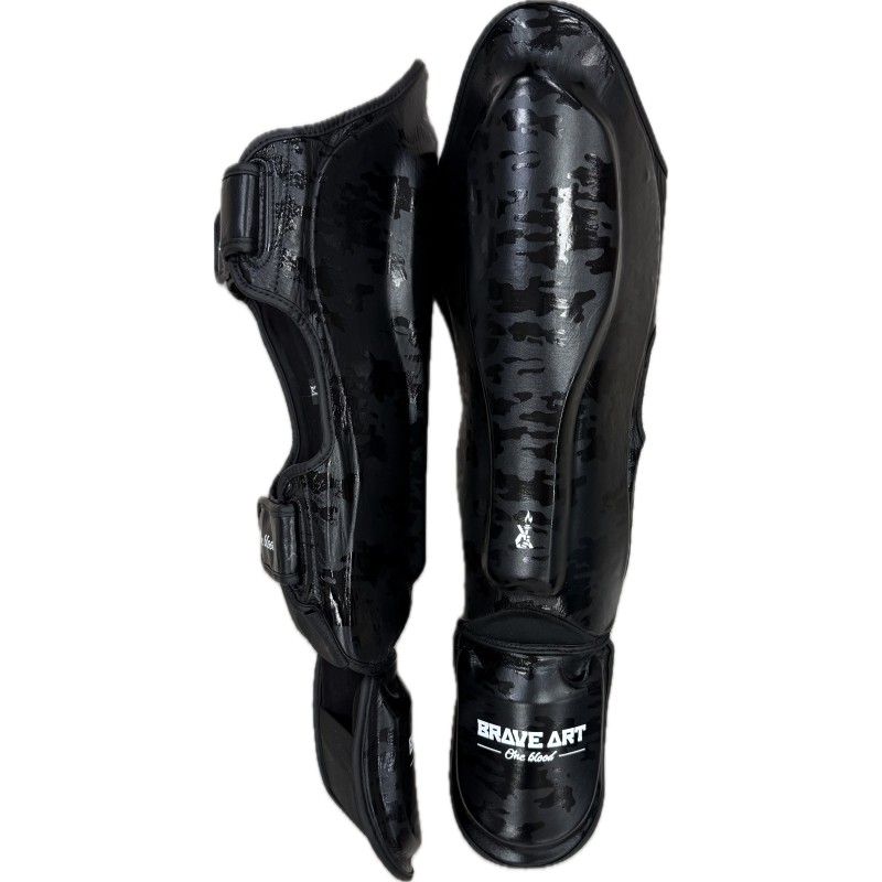 Brave Art Black Shadow Shin & Foot Guards – Full-Grain Leather | Elite Protection for Muay Thai & Kickboxing