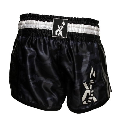Brave Art Satin Muay Thai Shorts – Black & Grey Camo – Power & Style