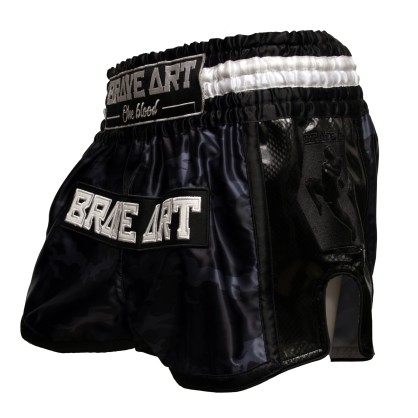 Brave Art Satin Muay Thai Shorts – Black & Grey Camo – Power & Style