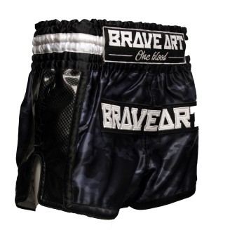 Brave Art Satin Muay Thai Shorts – Black & Grey Camo – Power & Style