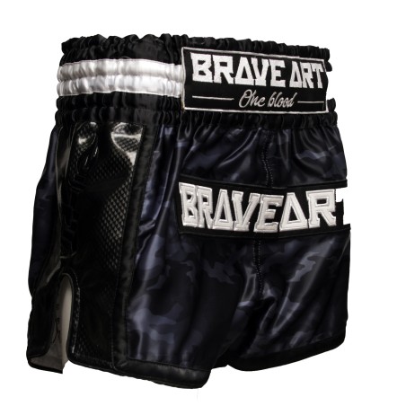 Brave Art Satin Muay Thai Shorts – Black & Grey Camo – Power & Style