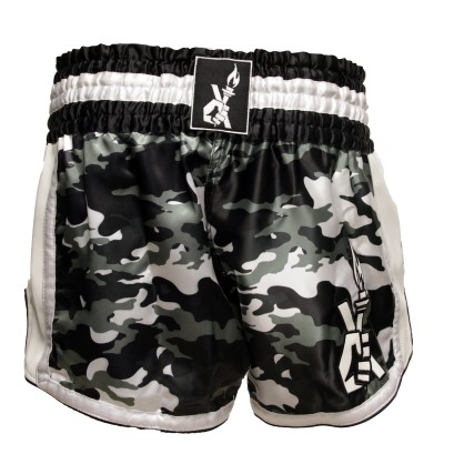 Brave Art Muay Thai Satin Shorts – Black, Grey & White Camo – Style Meets Power