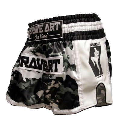 Brave Art Muay Thai Satin Shorts – Black, Grey & White Camo – Style Meets Power