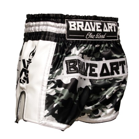 Brave Art Muay Thai Satin Shorts – Black, Grey & White Camo – Style Meets Power